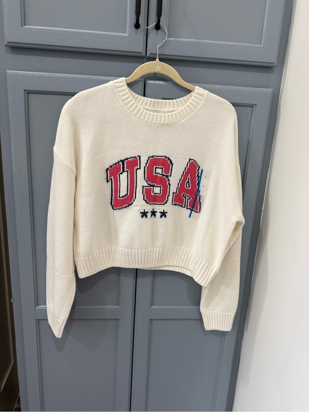 Grayson Threads Cream USA Crewneck Sweater with Red & Navy Graphic